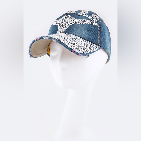 Denim Blue Texas Baseball Cap with Rhinestones - Picture 2 of 4